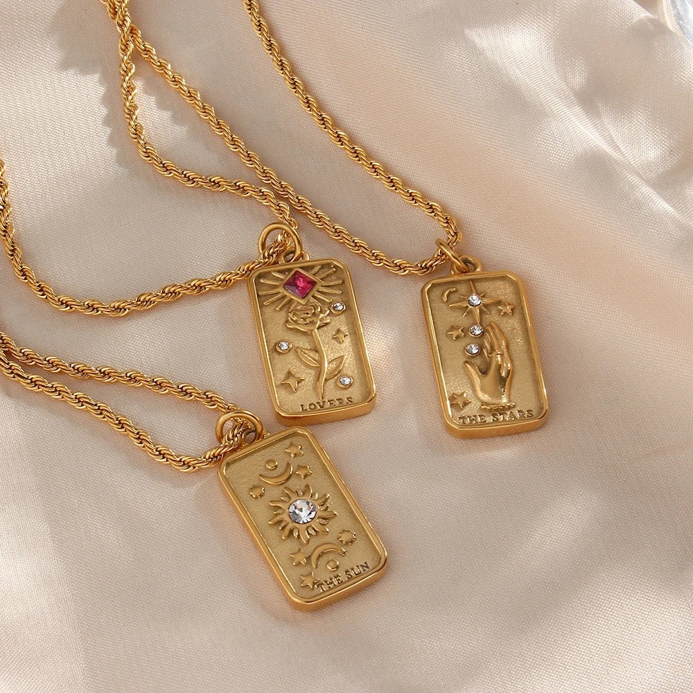 Women’s Tarot Pendant Necklace with Rectangular Card Motif and Stone Accents