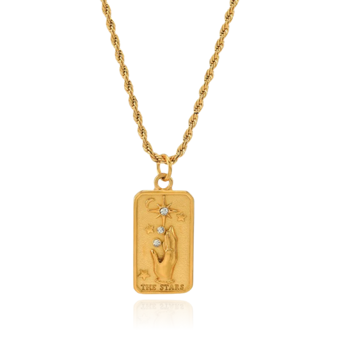 Women’s Tarot Pendant Necklace with Rectangular Card Motif and Stone Accents