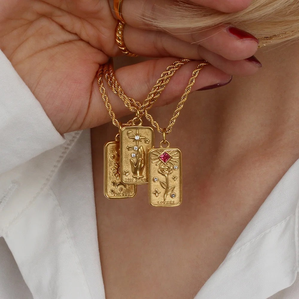 Women’s Tarot Pendant Necklace with Rectangular Card Motif and Stone Accents