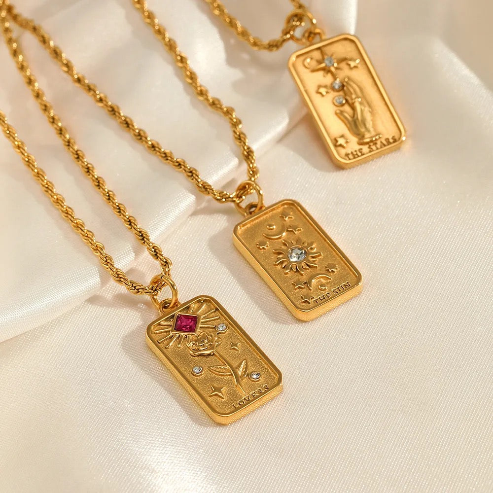 Women’s Tarot Pendant Necklace with Rectangular Card Motif and Stone Accents