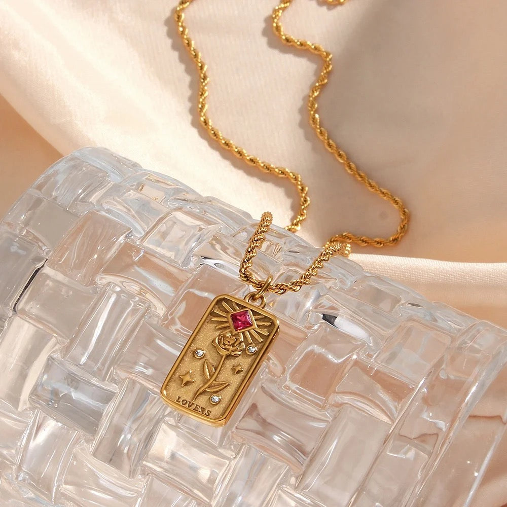Women’s Tarot Pendant Necklace with Rectangular Card Motif and Stone Accents