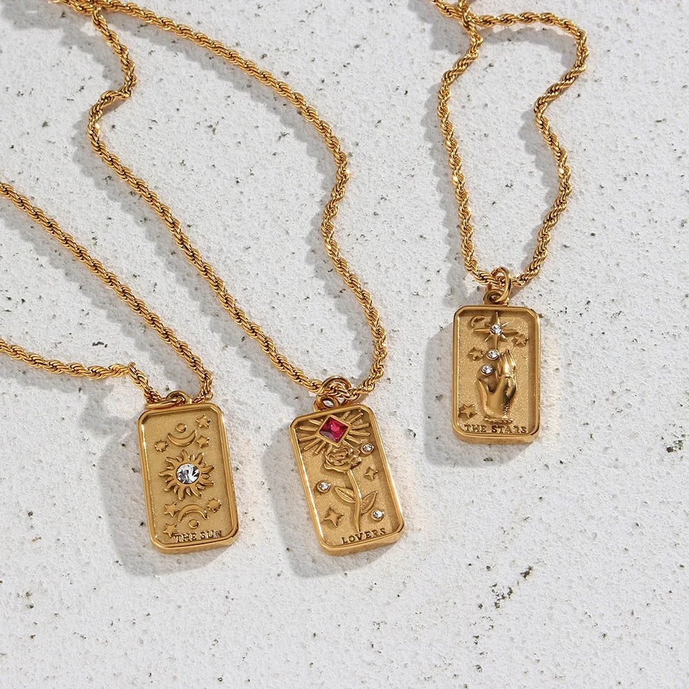 Women’s Tarot Pendant Necklace with Rectangular Card Motif and Stone Accents