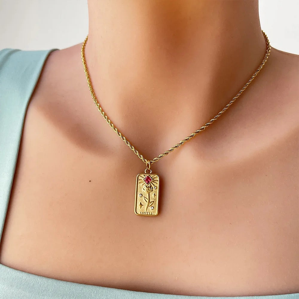 Women’s Tarot Pendant Necklace with Rectangular Card Motif and Stone Accents