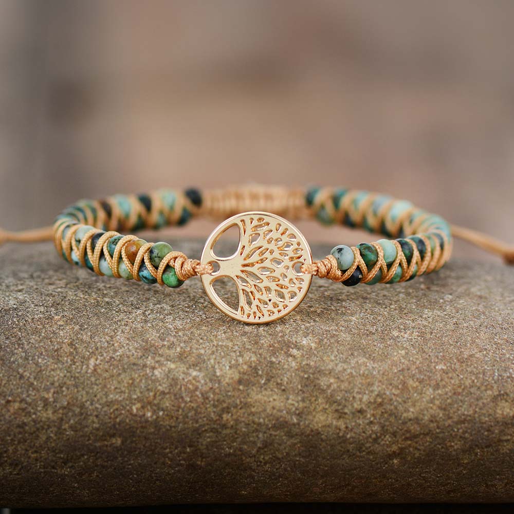 Women's Braided Bracelet with Tree Pendant and Bead Structure