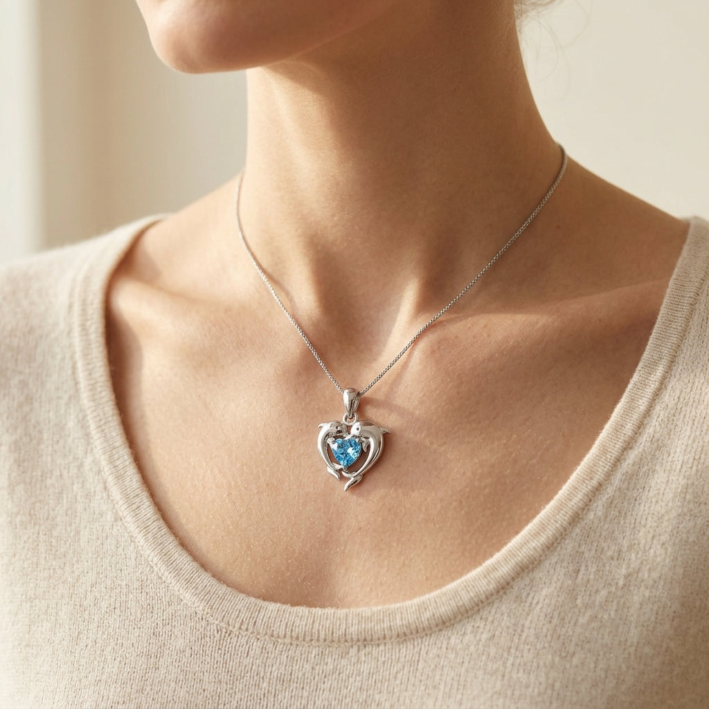 Women's Pendant Necklace with Dolphin Heart Motif and Faceted Heart Detail