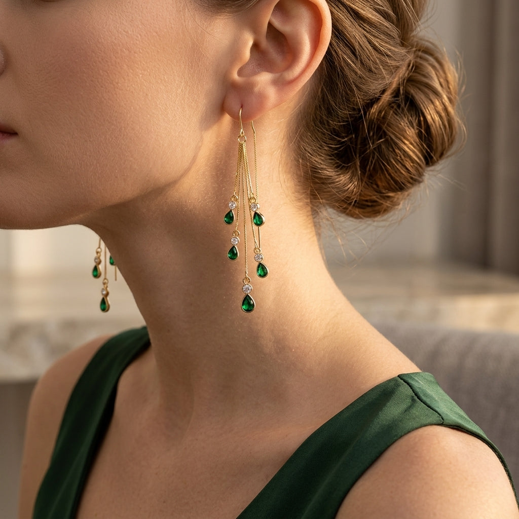Women's Long Dangle Earrings with Multiple Drop Pendants and Fine Chains