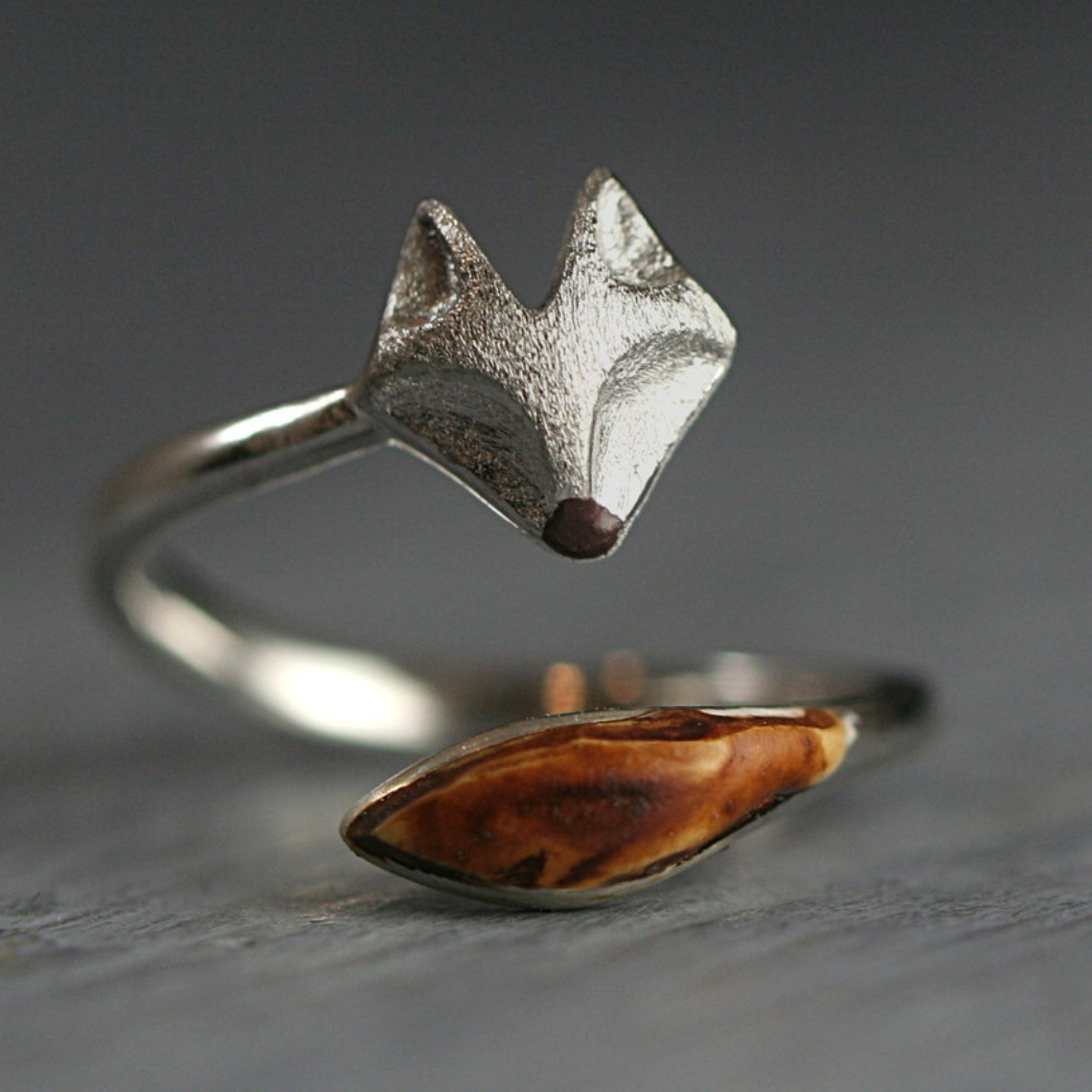 Adjustable Fox Ring made of Wood - Fox Face Silver Ring