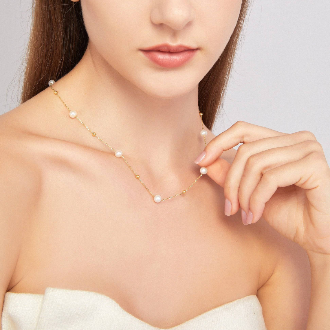 Gold Pearl Necklace - Alternating Pearls and Gold Links