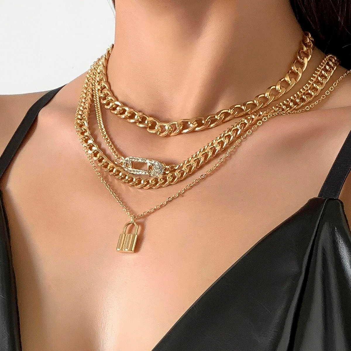 4-Piece Chain Necklace Set - Retro Lock Pin Chain Set