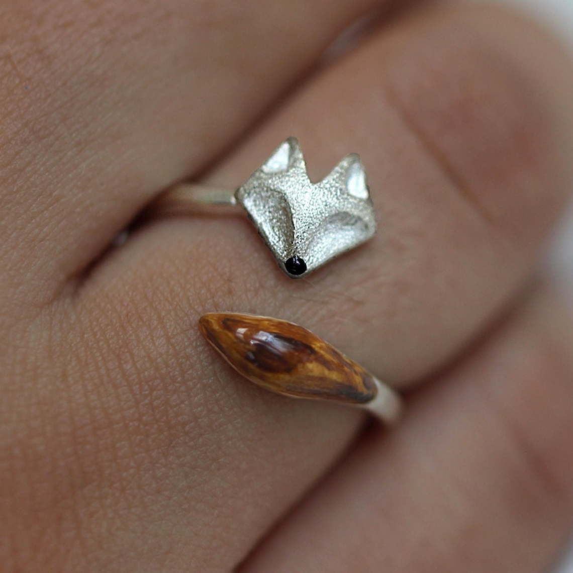 Adjustable Fox Ring made of Wood - Fox Face Silver Ring