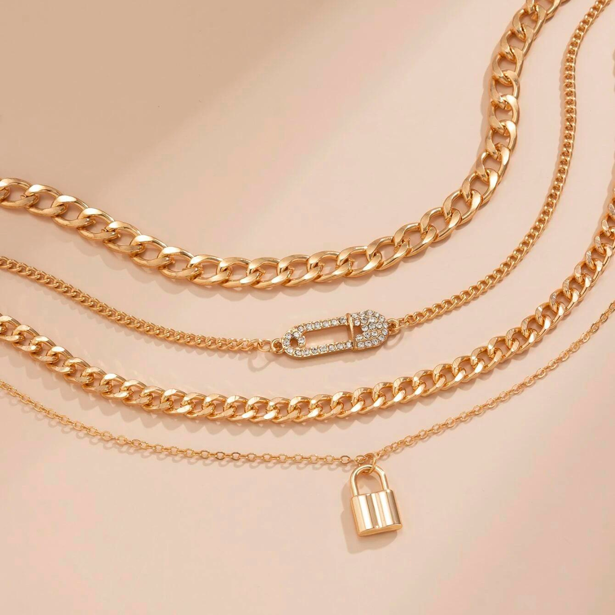 4-Piece Chain Necklace Set - Retro Lock Pin Chain Set