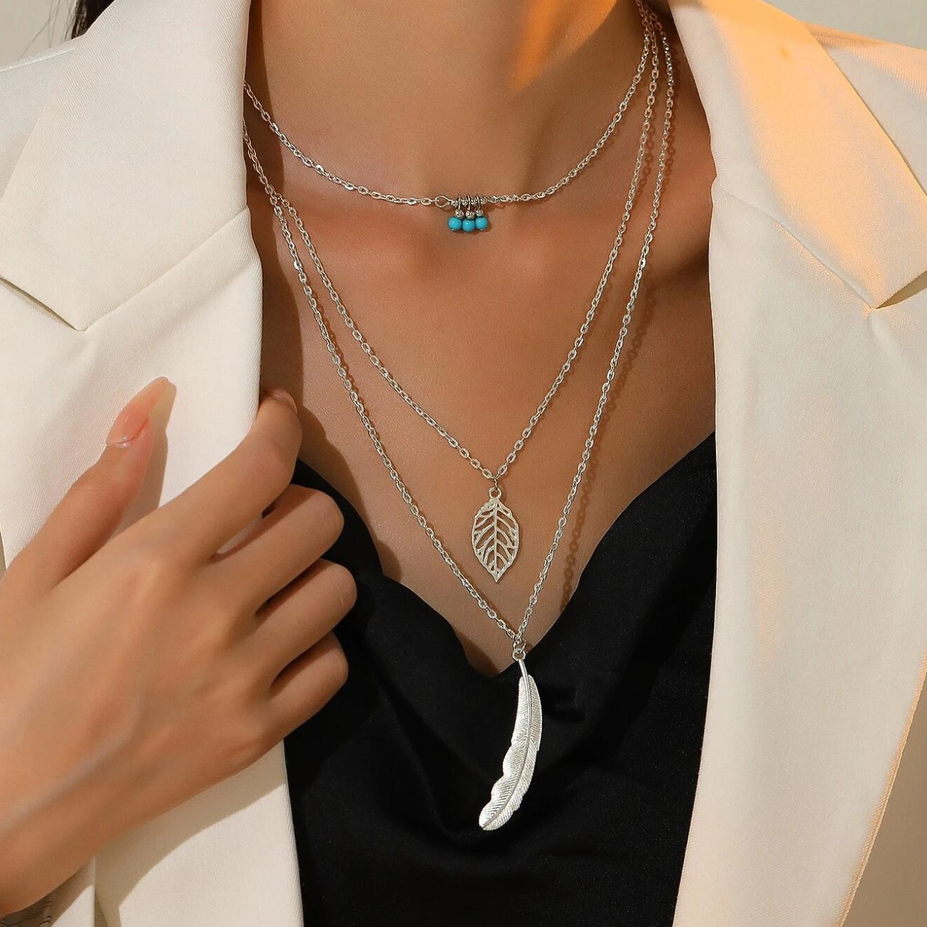 Leaf & Feather Pendant - 3-layer Necklace