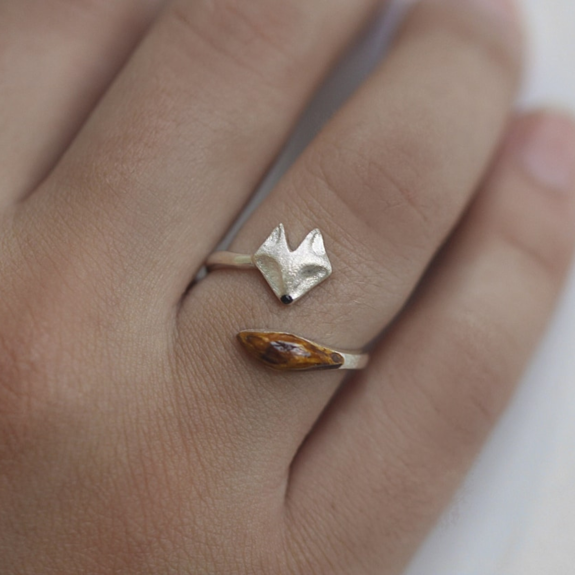 Adjustable Fox Ring made of Wood - Fox Face Silver Ring