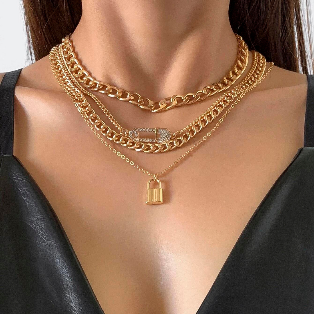 4-Piece Chain Necklace Set - Retro Lock Pin Chain Set