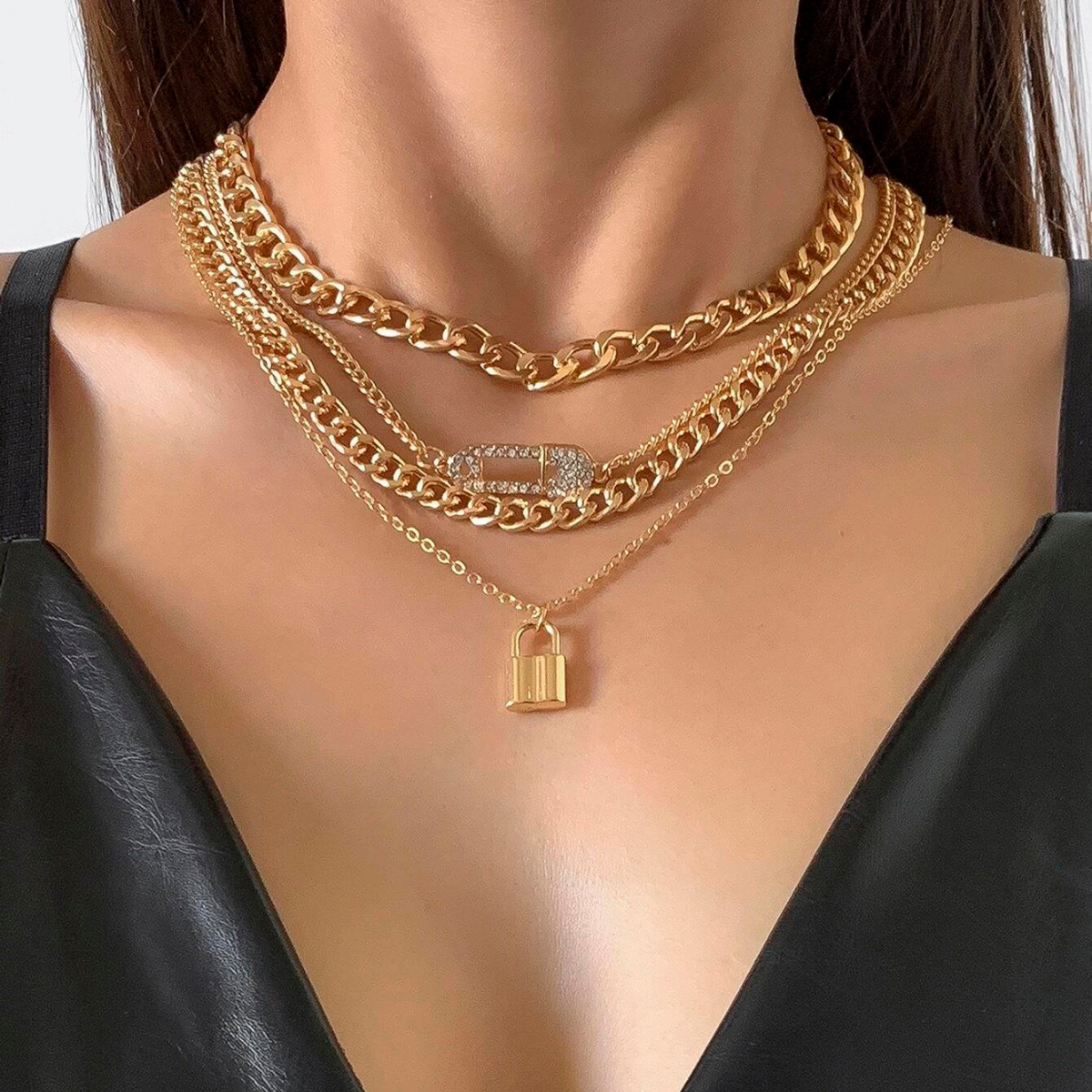 4-Piece Chain Necklace Set - Retro Lock Pin Chain Set