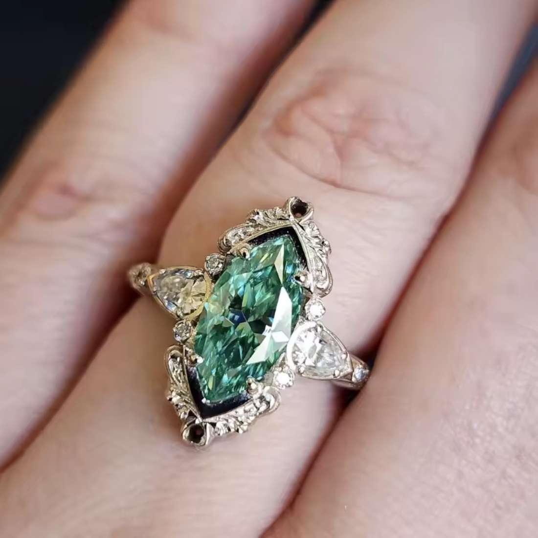 Women's Statement Ring with Marquise Center Stone and Floral Frame