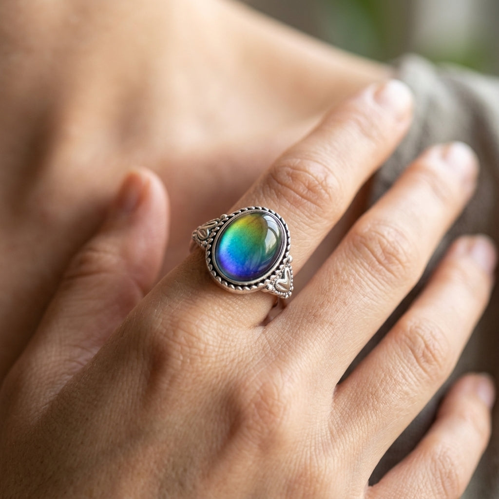 Women's Vintage Mood Ring with Central Stone and Decorative Band Design