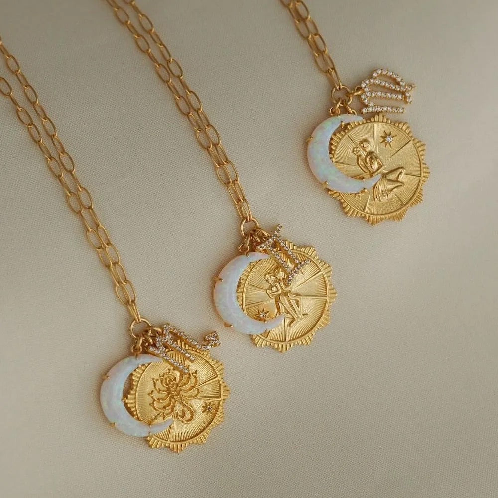 Women's Pendant Necklace with Moon and Medallion Motif