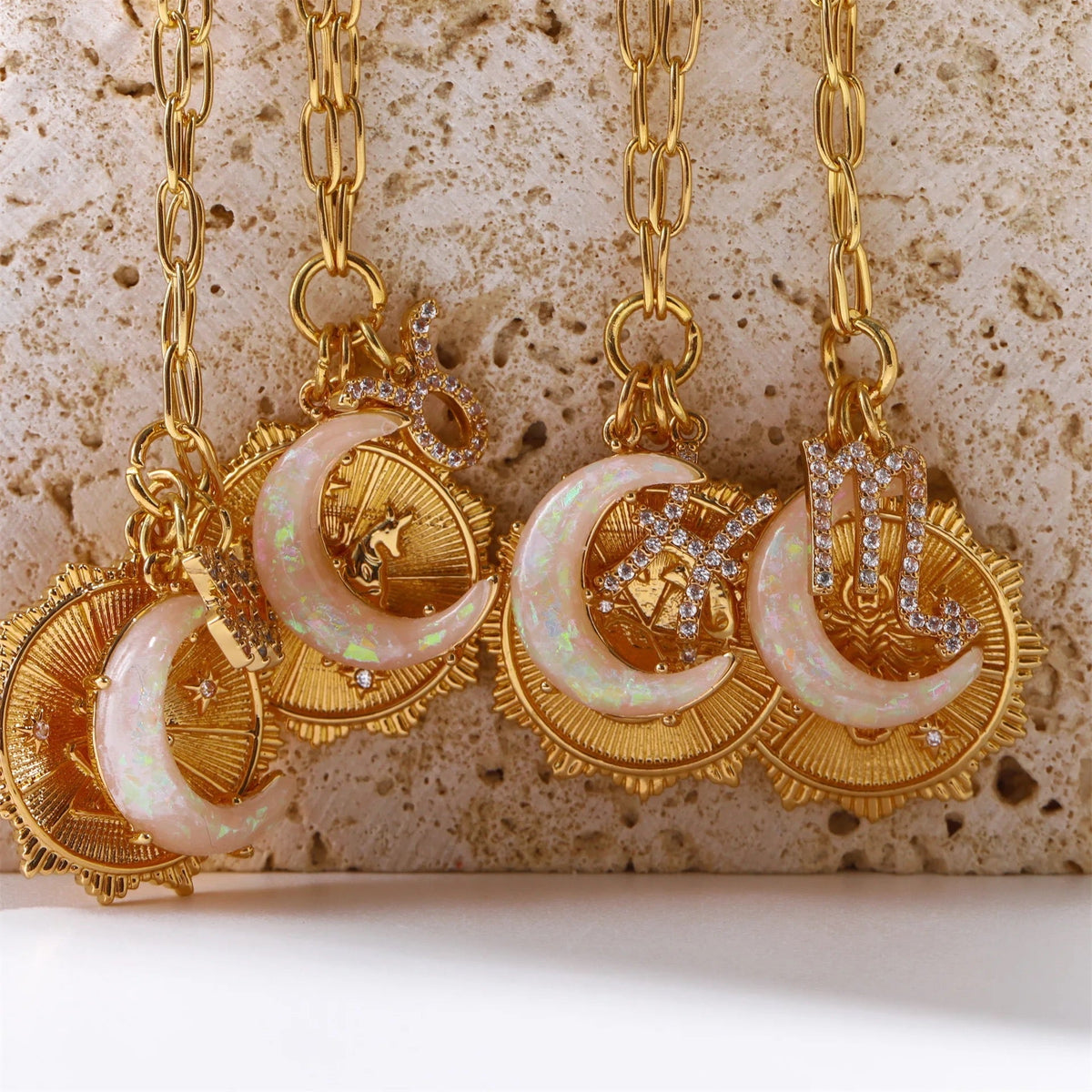 Women's Pendant Necklace with Moon and Medallion Motif