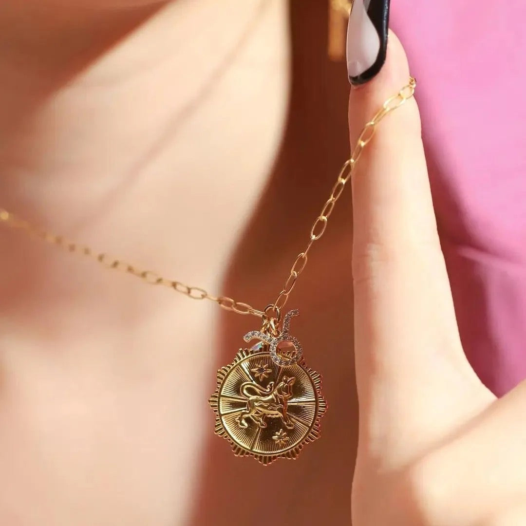 Women's Pendant Necklace with Moon and Medallion Motif