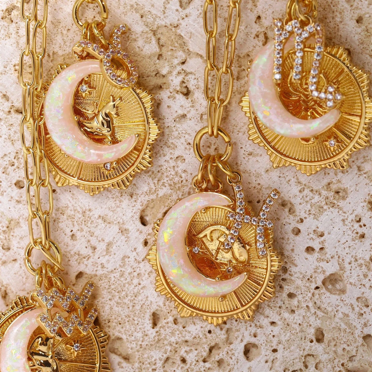 Women's Pendant Necklace with Moon and Medallion Motif