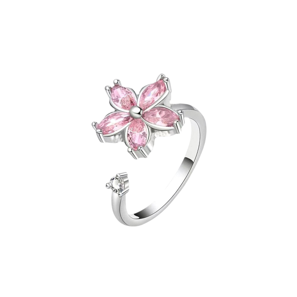 Women’s Adjustable Open Ring with Flower Motif and Small Stone Accent