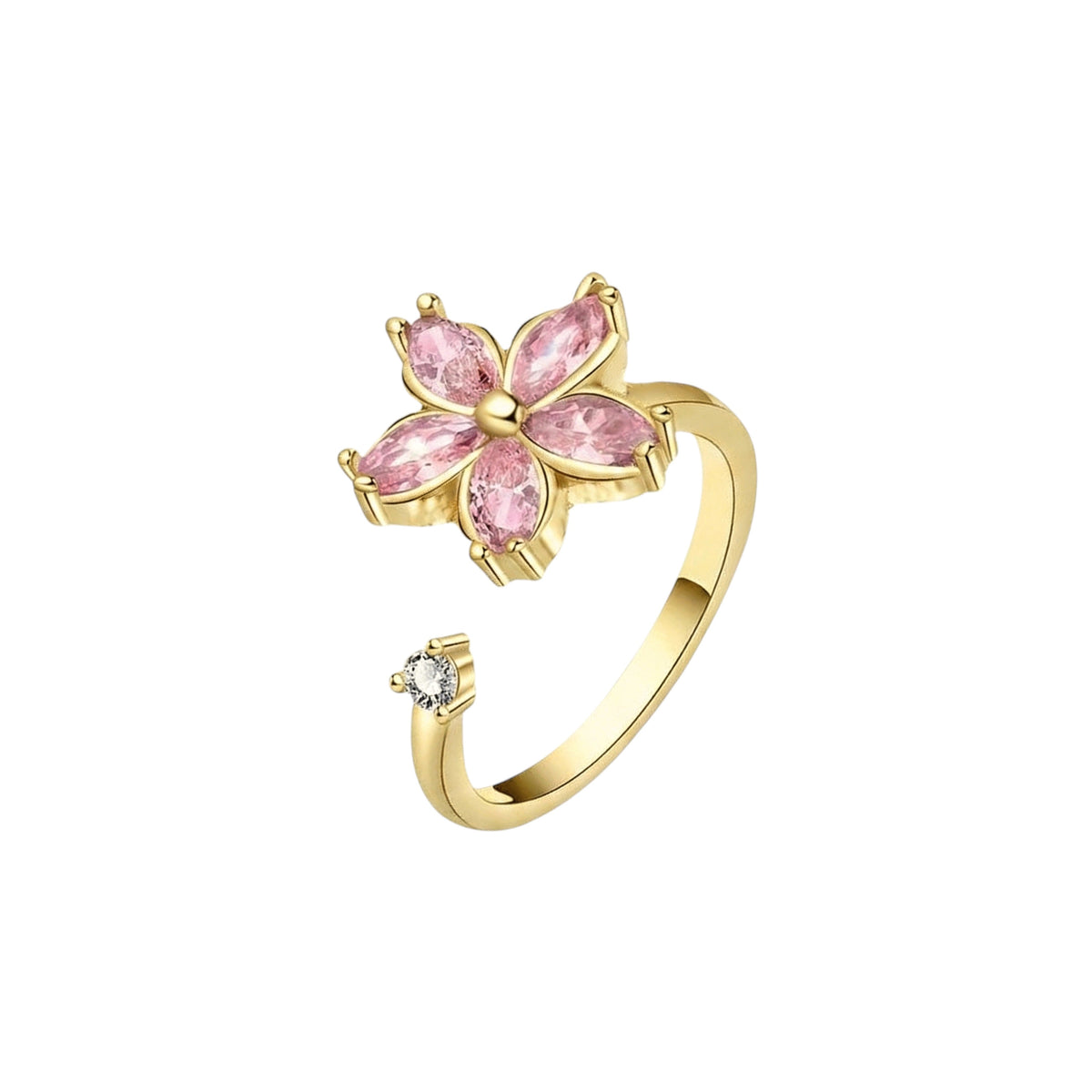 Women’s Adjustable Open Ring with Flower Motif and Small Stone Accent