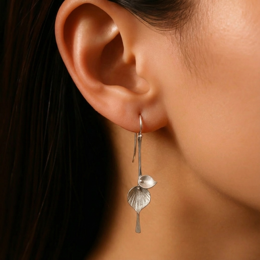 Women's Drop Earrings with Double Leaf Pendants and Hook Clasp