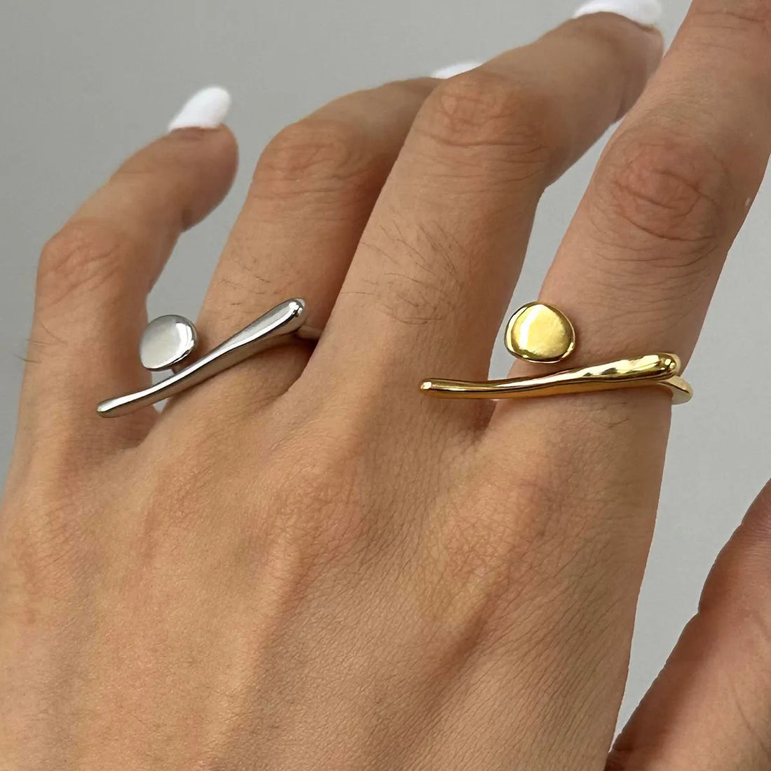 Women's Open Ring with Abstract Asymmetrical Bar and Disc Design