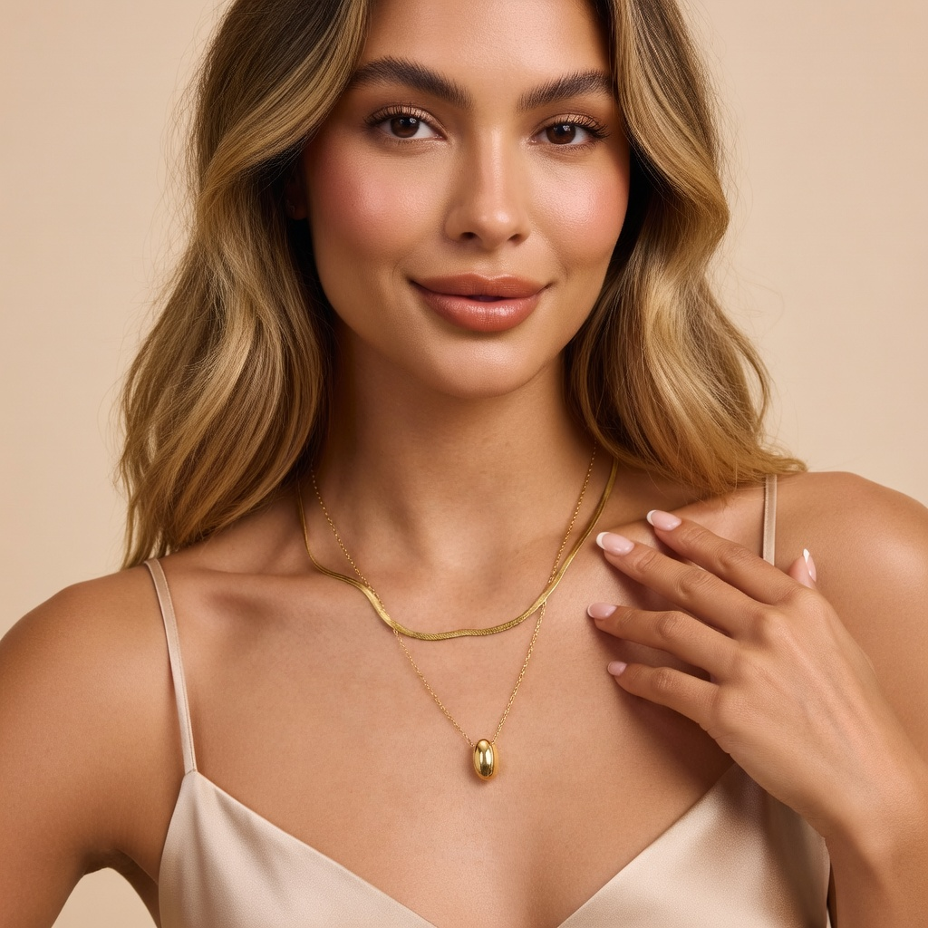 Women’s Layered Necklace with Oval Pendant and Two Different Chains