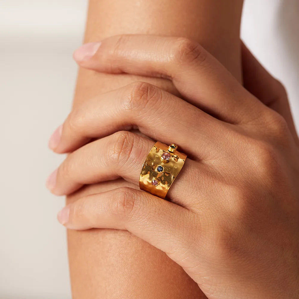 Women's Statement Ring with Hammered Surface and Multiple Stone Accents