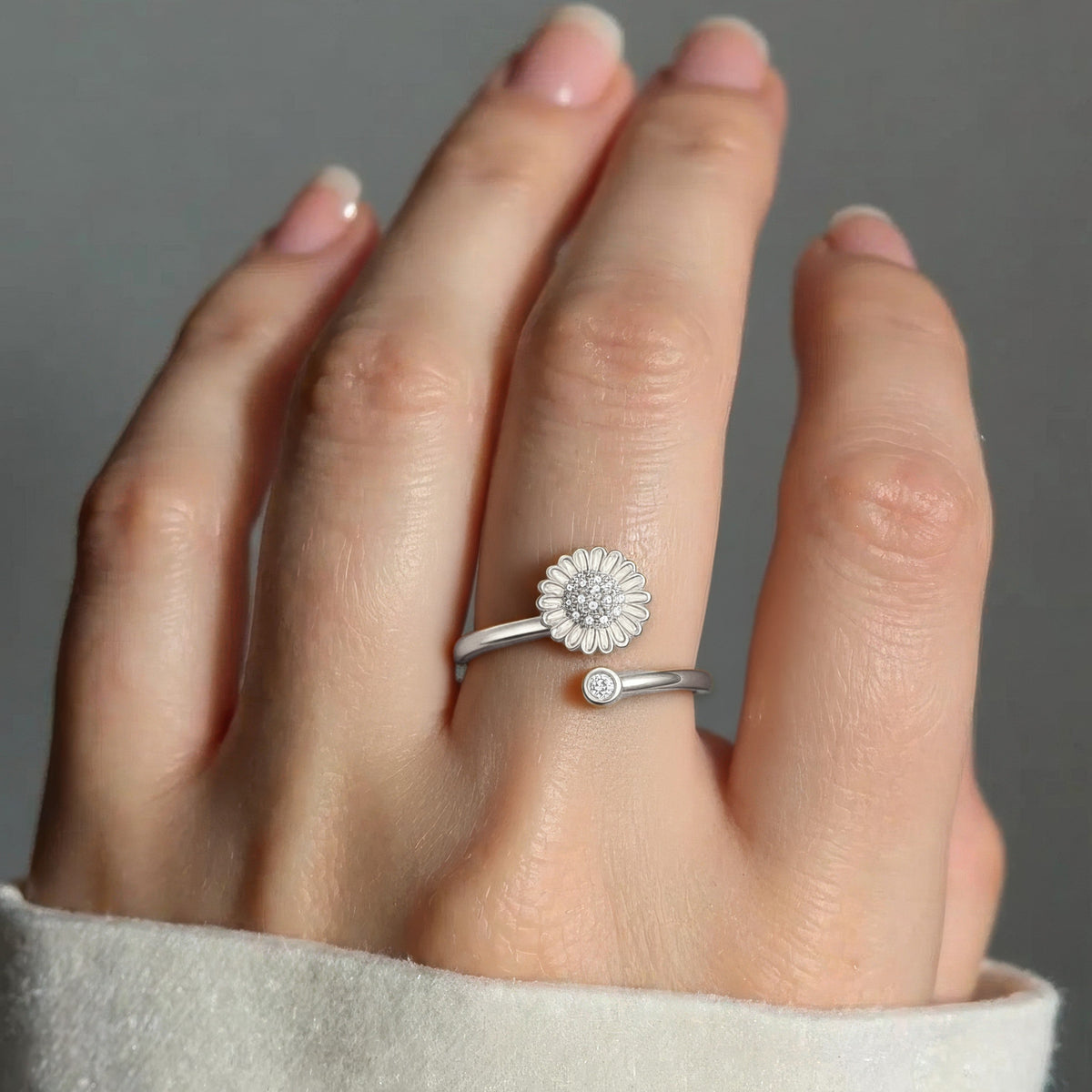 Women’s Adjustable Open Ring with Floral Motif and Round Stone Accent