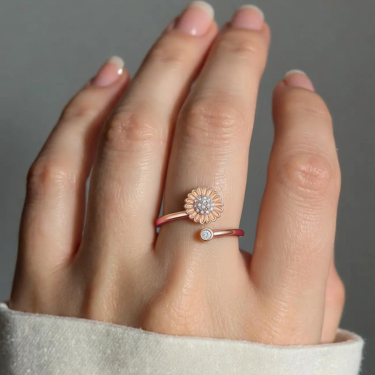 Women’s Adjustable Open Ring with Floral Motif and Round Stone Accent