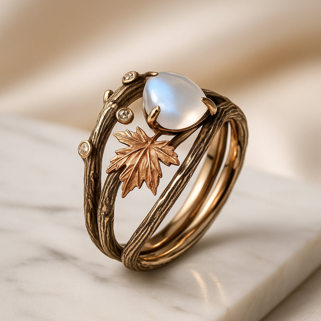 Celestia – Ring with moonstone and natural charm