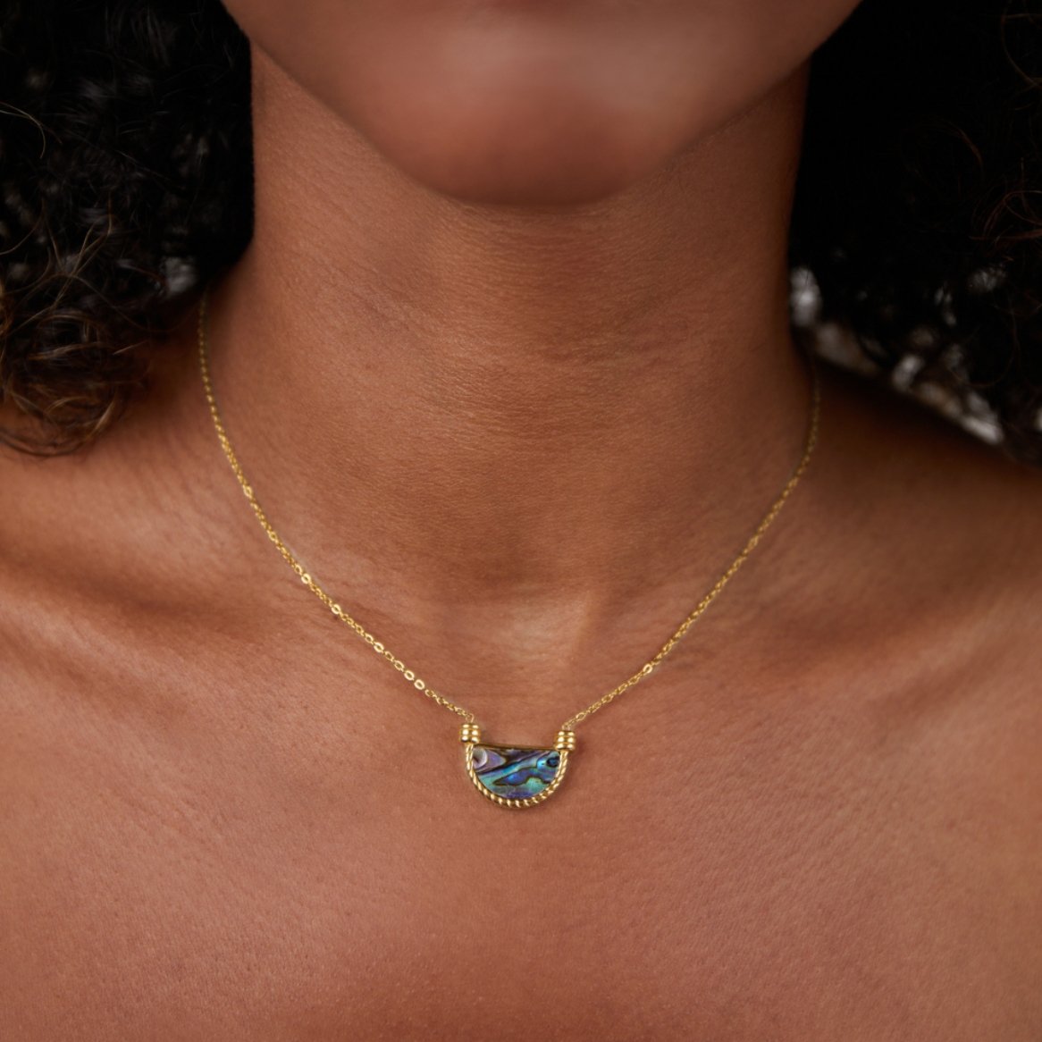 Women’s Half Moon Necklace with Iridescent Shell Inlay and Twisted Frame