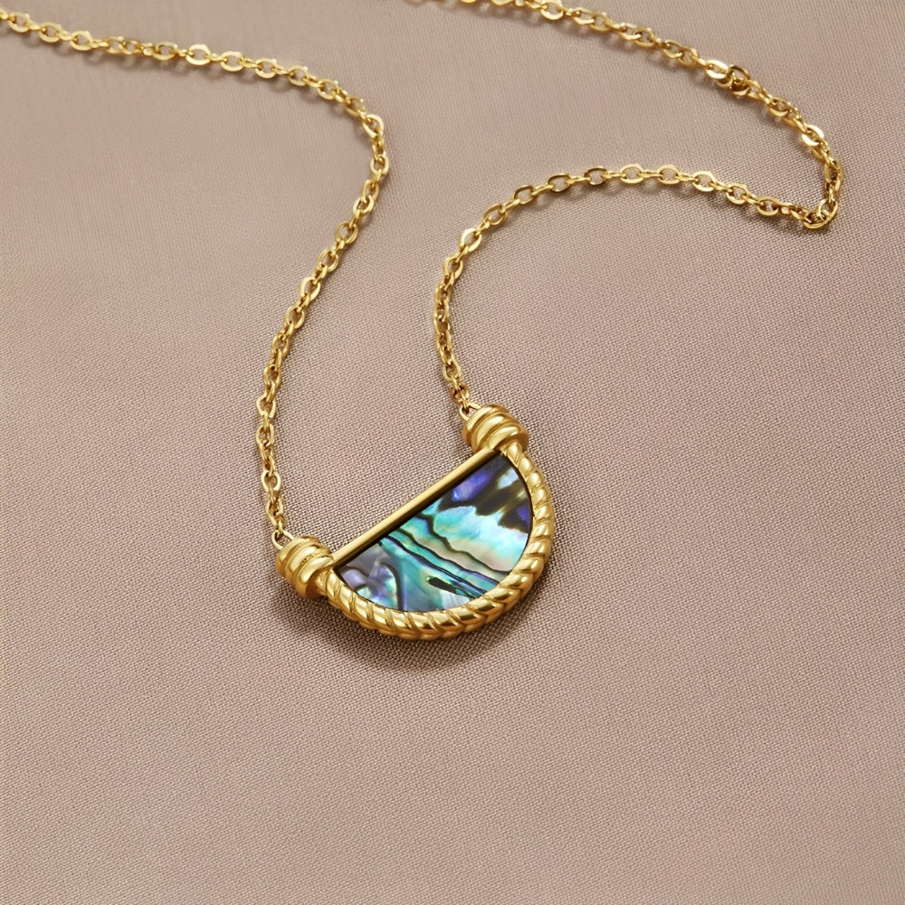 Women’s Half Moon Necklace with Iridescent Shell Inlay and Twisted Frame