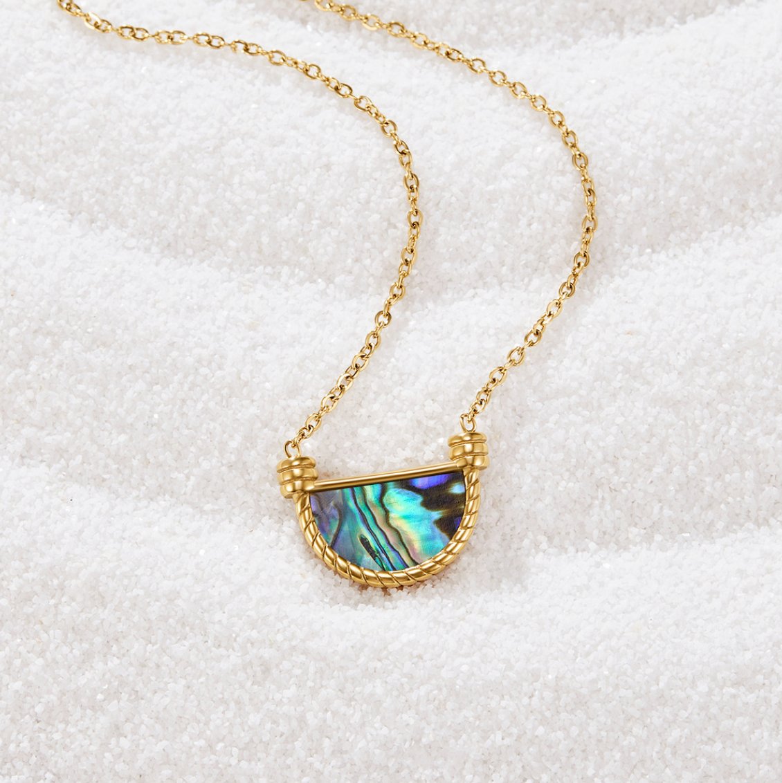 Women’s Half Moon Necklace with Iridescent Shell Inlay and Twisted Frame