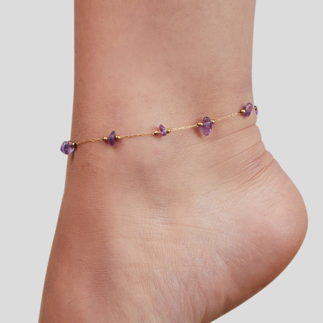 Women’s Fine Anklet with Purple Stone Beads and Extension Chain