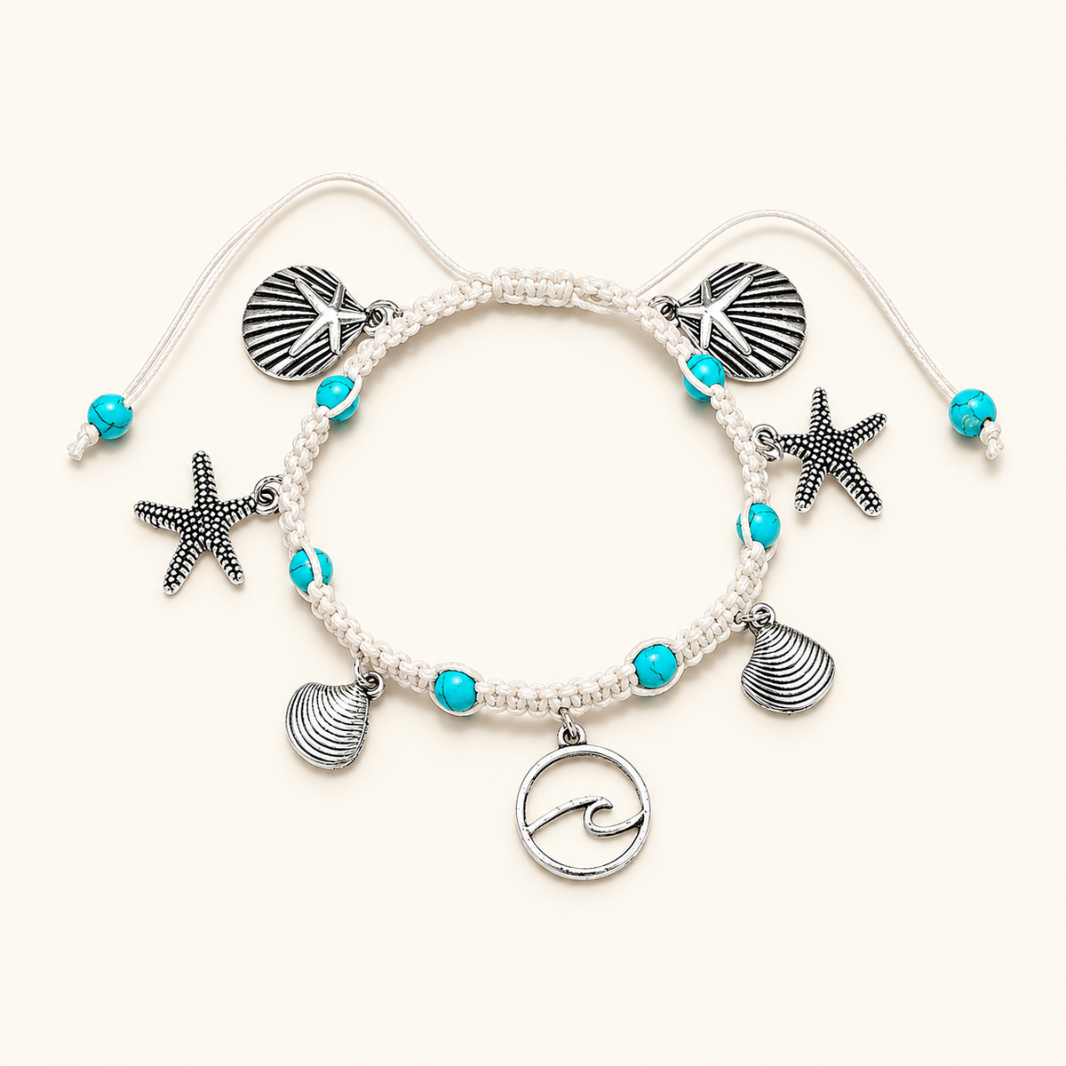 Women’s Braided Anklet with Waves, Starfish and Shell Charms