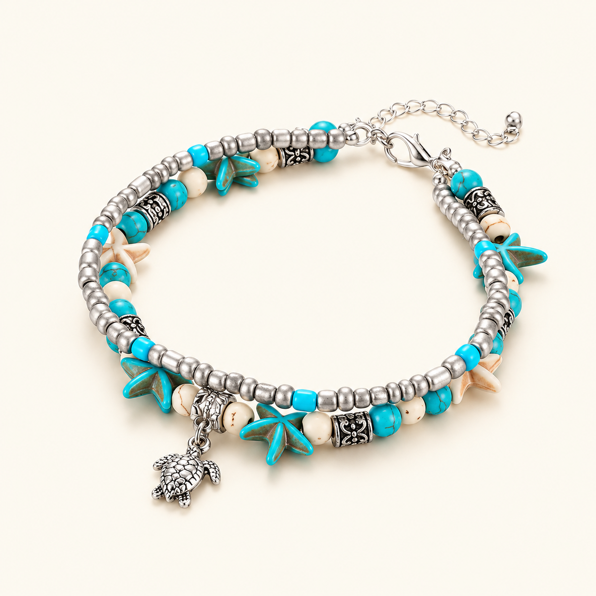 Women’s Multi-Strand Anklet with Turtle, Starfish, and Shell Motifs