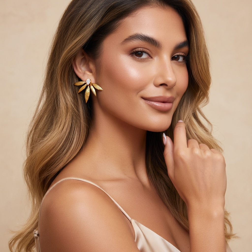 Women’s Leaf Ear Studs with Fan-Shaped Design and Round Stone Accent