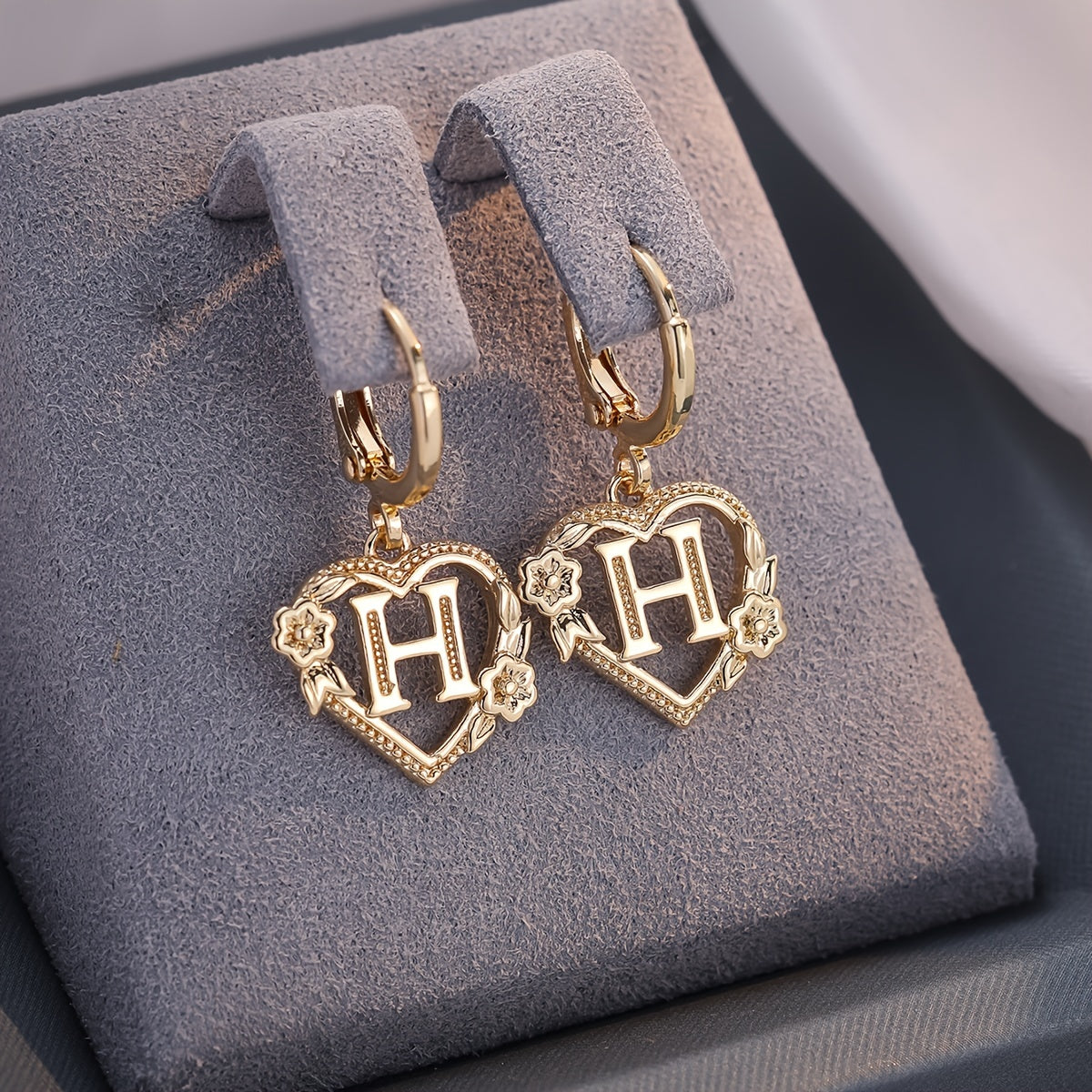Women's Heart Hoops with Initial and Floral Details