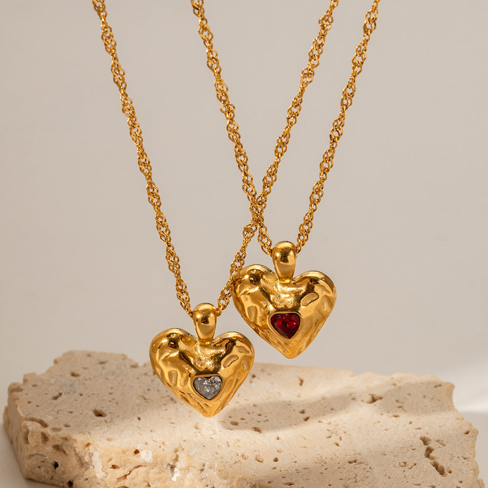 Women's Heart Pendant Necklace with Wavy Surface and Twisted Chain