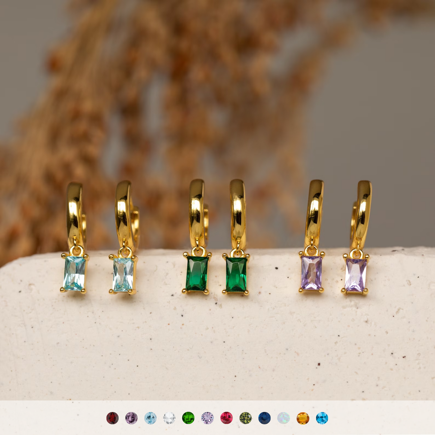 Birthstone Baguette Rings - Birthstone Huggies