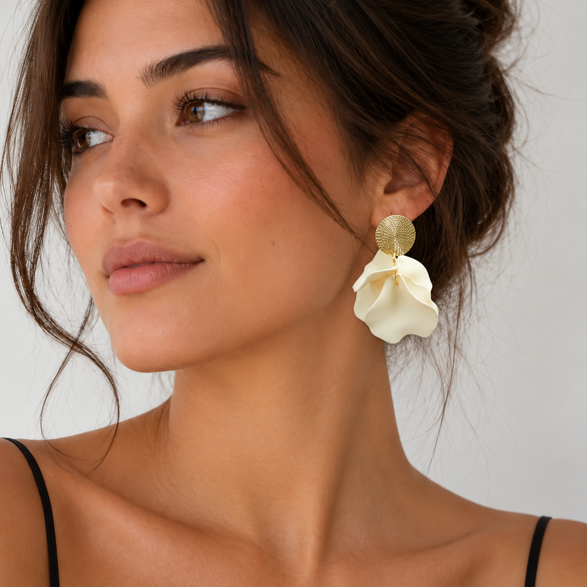 Women’s Flower Drop Earrings with Large Petals and Structured Round Disc