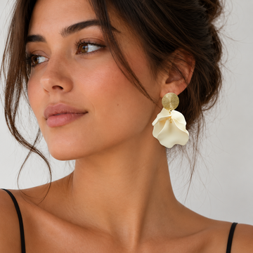 Women’s Flower Drop Earrings with Large Petals and Structured Round Disc