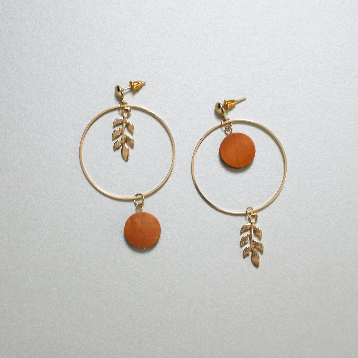 Women’s Hoop Earrings with Botanical Design, Wood Disc and Leaf Pendant
