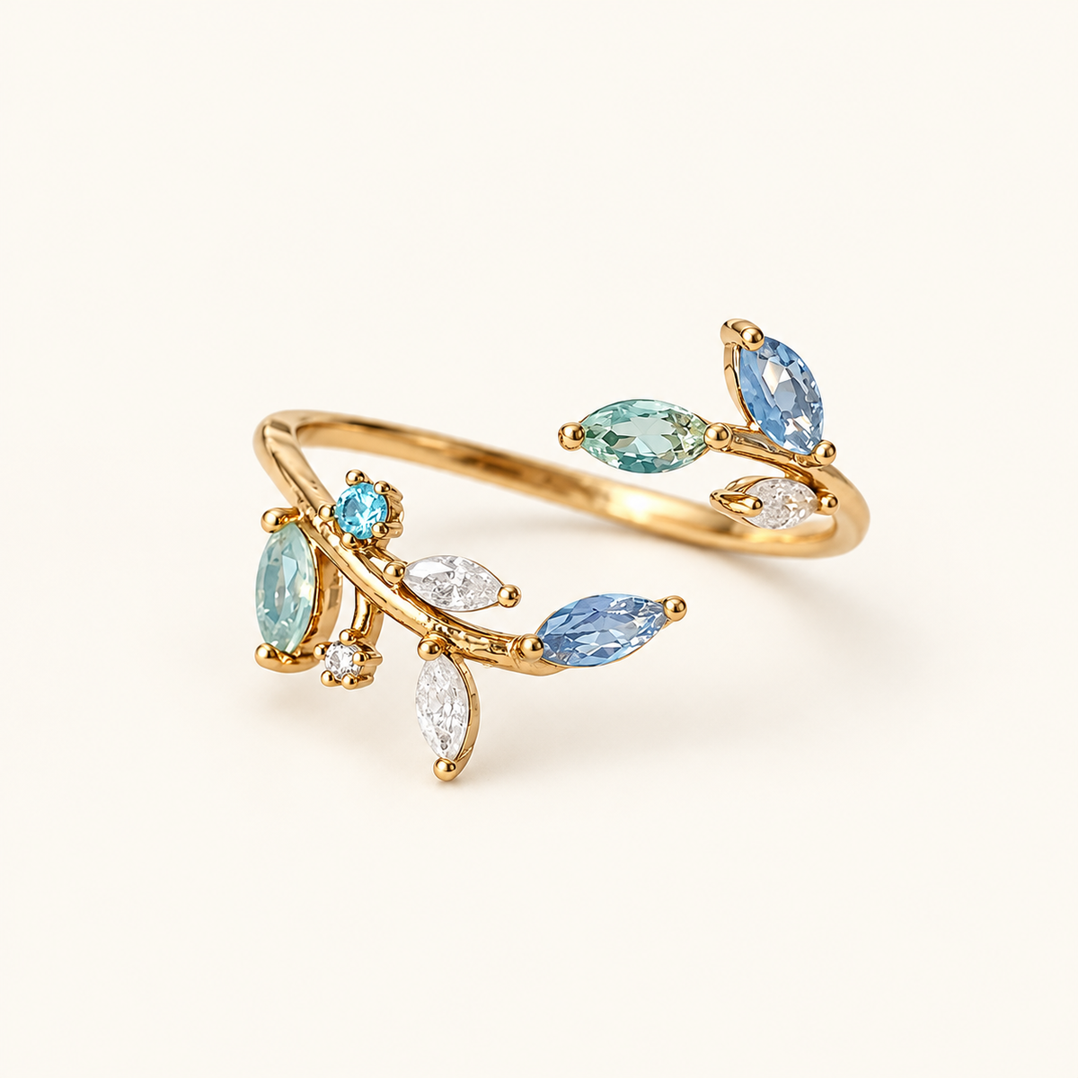 Women’s Open Ring with Leaf Motifs and Multiple Marquise Stones