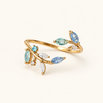 Women’s Open Ring with Leaf Motifs and Multiple Marquise Stones