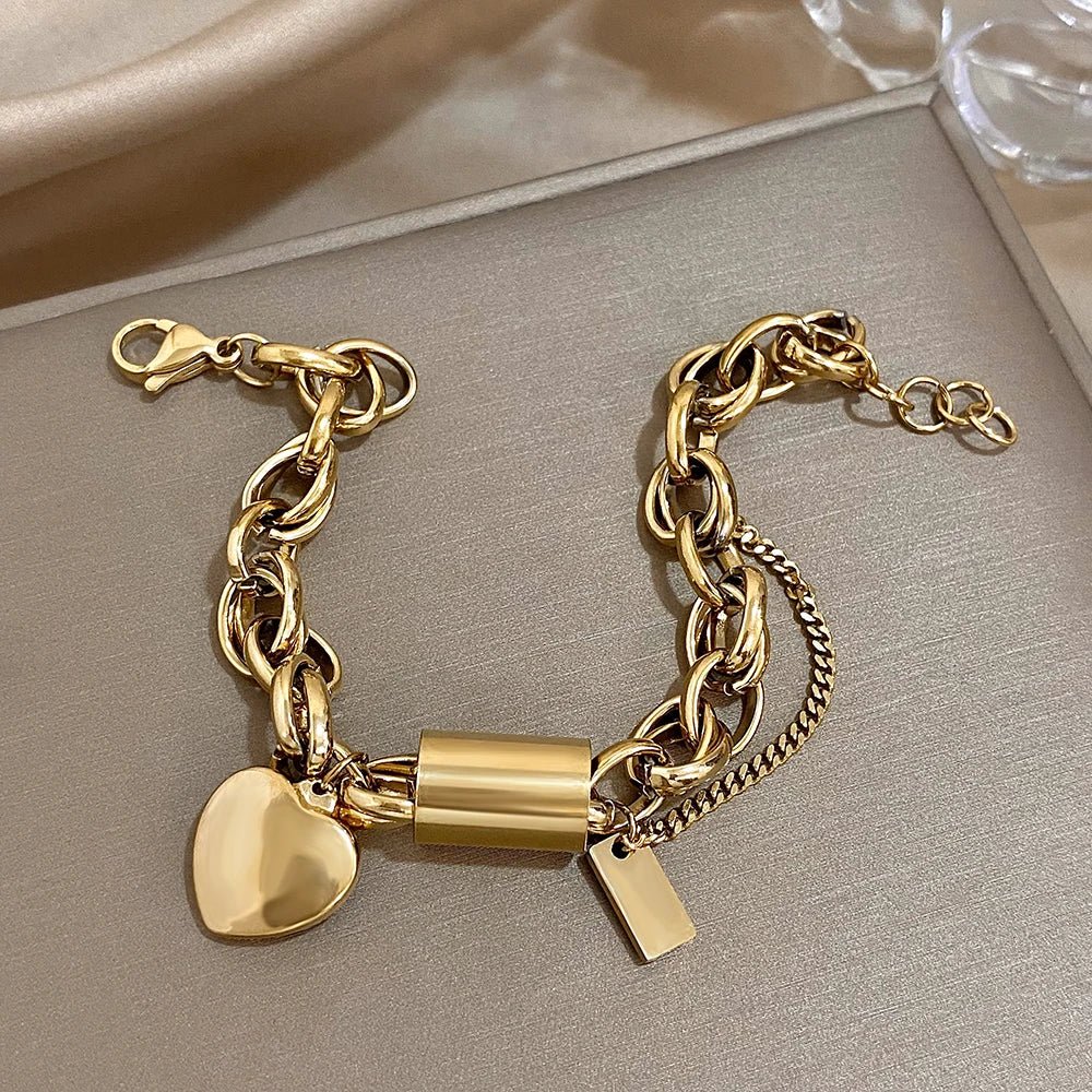 Women's Statement Chain Bracelet with Heart Charms and Multi-Layered Chain Details